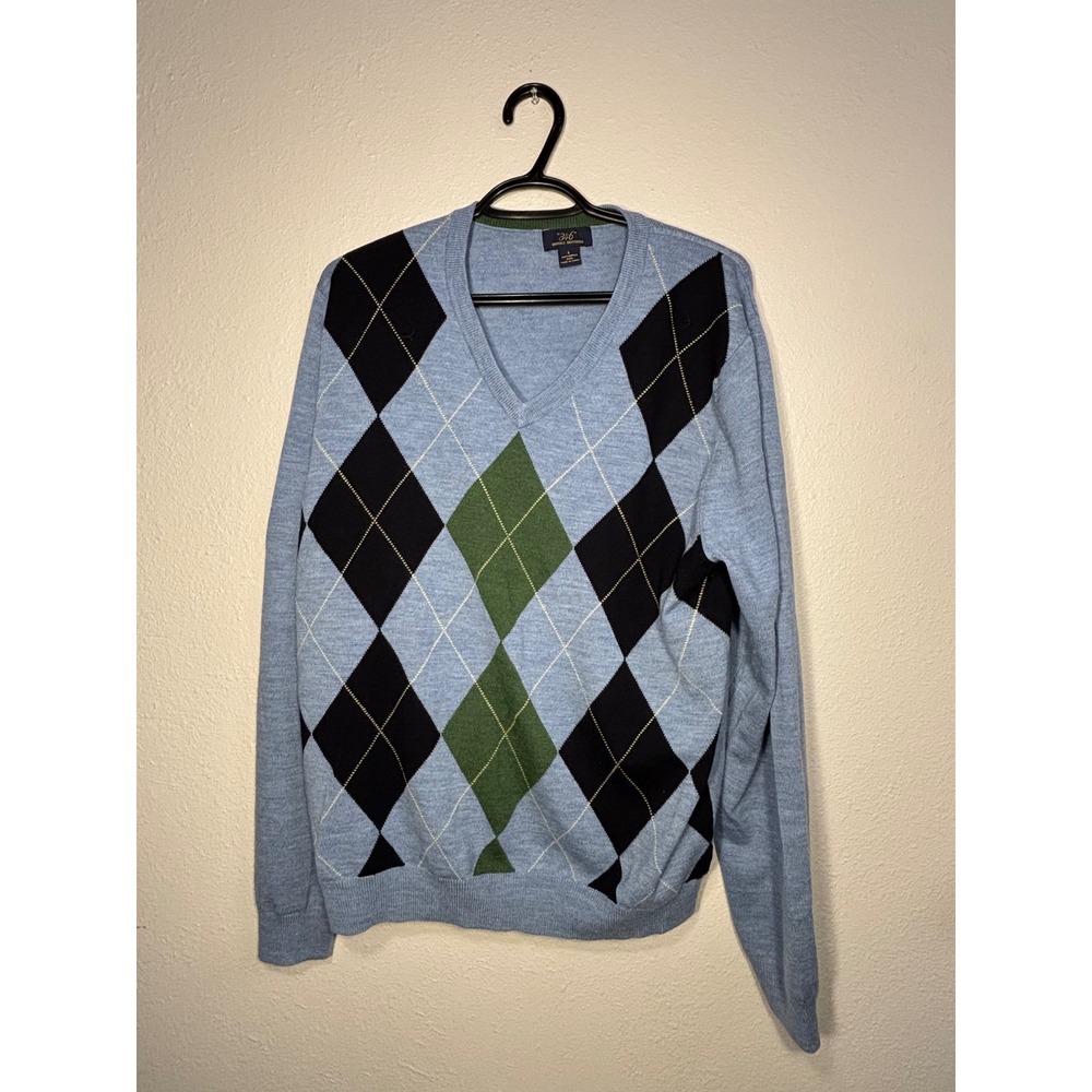 Brooks Brothers 346 Mens Merino Wool Argyle V-Neck Sweater Blue Black Green L - Picture 1 of 4